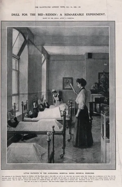 Queen Alexandra's Hospital for Children with Hip Disease, Queen Square, Holborn: the interior of a ward, with a teacher giving a gymnastics lesson