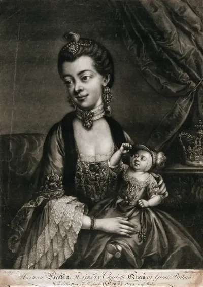Queen Charlotte, and George Prince of Wales as an infant seated on her lap