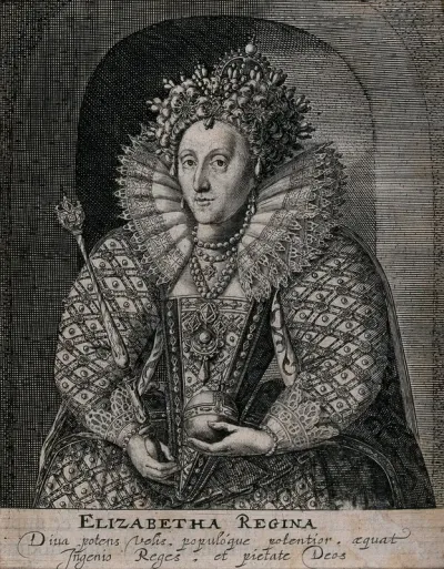Queen Elizabeth I, holding a sceptre and an orb, wearing the dress she customarily wore at the opening of Parliament