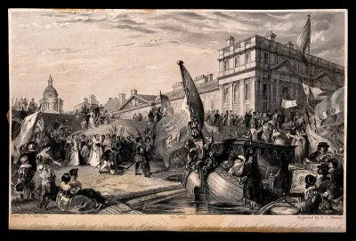 Queen Elizabeth I making her way to the Royal Barge moored at the quay, many courtiers, musicians, etc