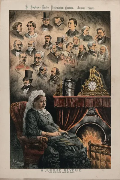 Queen Victoria, seated in an armchair by an open fire, day-dreaming about illustrious men of her reign