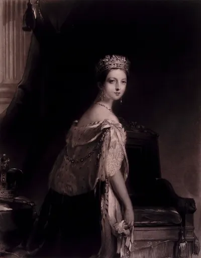 Queen Victoria wearing a tiara, standing next to her throne