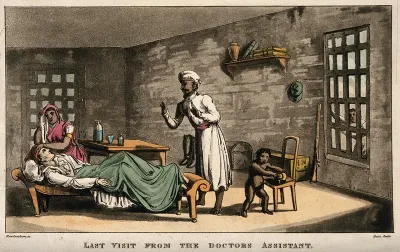 Qui Hi alias Lieutenant Johnny Newcome on his death bed in prison, attended by his mistress and child and the doctor's assistant