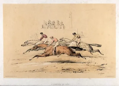 Race horses and jockeys cross the finishing line