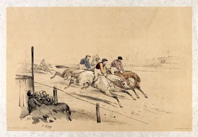 Race horses and jockeys leading a race