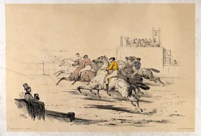 Race horses and jockeys set off from the starting post at a racecourse