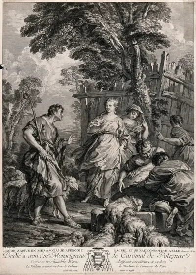 Rachel approaches Jacob through a flock of sheep; one of the inhabitants of the land points her out as being Laban's daughter