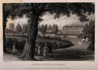 Radcliffe Infirmary, Oxford: figures strolling along the footpath