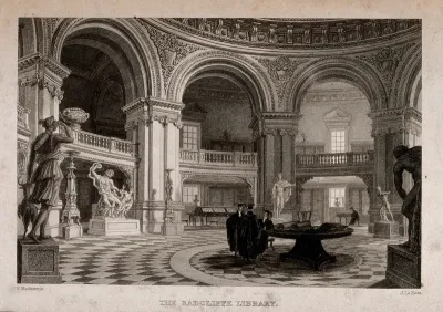 Radcliffe Library, Oxford: interior showing scholars and classical statues