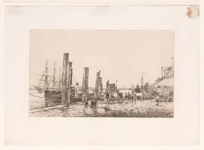 Raderstoomboot aangemeerd aan een kade
