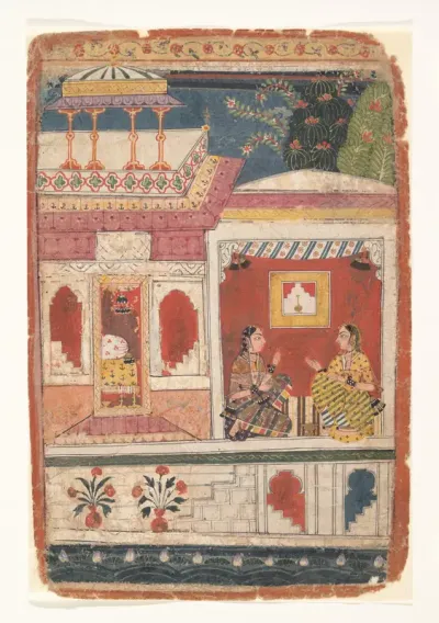 Radha and Her Confidant Sit in an Open Room: Page from a Dispersed Rasikapriya