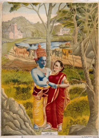 Rādhā and Krishna embrace in the countryside