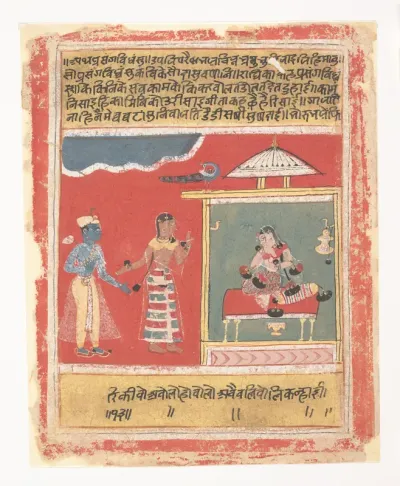 Radha's Friend Pleads with Her to Receive Krishna:  Page from a Dispersed Rasikapriya