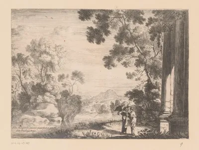 Rafaël en Tobias praten in een landschap met ruïne