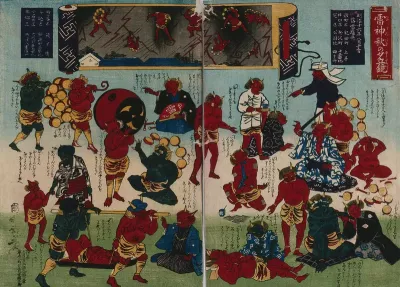 Raijin (or Raiden), the god of thunder, receiving medical treatment