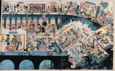 Railway carriages of a train representing the year 1880 are hit by an explosion caused by women