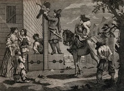 Ralpho hangs a violin above a pair of stocks as Hudibras leads his captive Crowderos, his hands tied behind his back; a weeping woman and a child with a hoop look on
