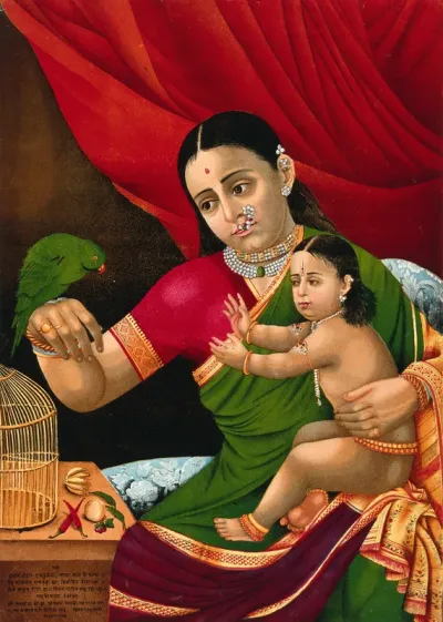 Rama and his mother with a parrot