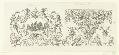 Randdecoratie met links een ovaal en rechts twee putti
