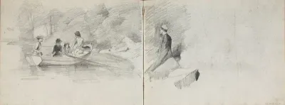 Rantaan saapuva vene ja rantakivellä istuva mies, harjoitelma maalaukseen Kesäilta 1883
