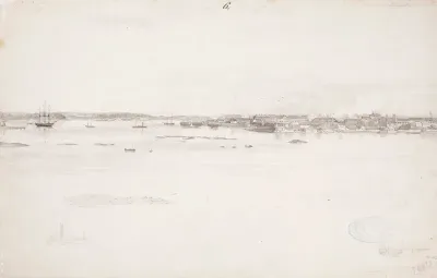 Rantamaisema, etualalla vettä ja taustalla pikkukaupunkia