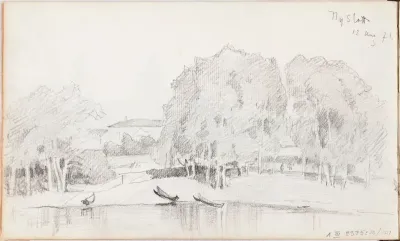 rantamaisema, veneitä rannalla, rakennuksia, merkitty kesk. ylh.: Nyslott 12 aug 71.
