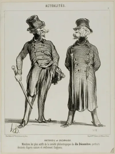 Ratapoil and Casmajou. The most active members of the philanthropic society of December 10: the portraits are drawn from nature and are of striking similarity, plate six from Actualités