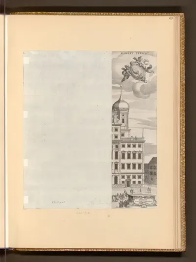 Rathaus mit Perlachturm und Augustusbrunnen in Augsburg, in der  Wappenkartusche der Schriftzug Elias Holl