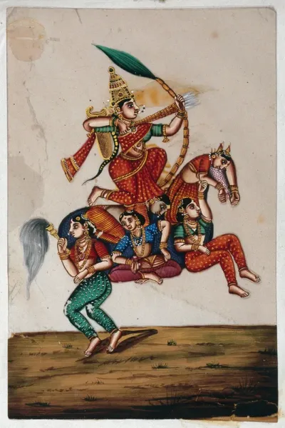 Rati, Hindu goddess of love, shooting arrows with a bow while seated on a horse formed from five women