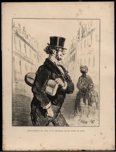 Rationnement du pain. Un monsieur allant dîner en ville. (The rationing of bread.—A man going downtown to dine.), from Album du Siége
