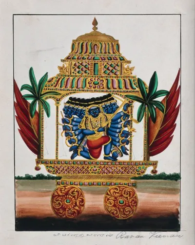 Ravana, the demon king on his Veeman, a mythological plane or chariot