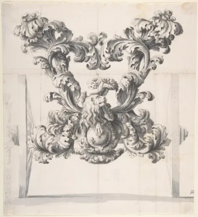 Rear View of an Elaborate Design for a Carriage with Acanthus Leaves and a Putto and Lion on top of a Ball with Three Fleurs-de-Lis