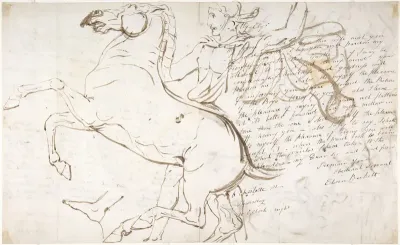 Rearing horse and trainer, drawn on a letter (recto); Studies of women and children (verso)