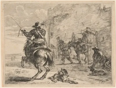 Rearing Horse near a Stable