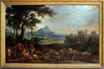 Rebekah and Eliezer at the well (Genesis 24:18-19)