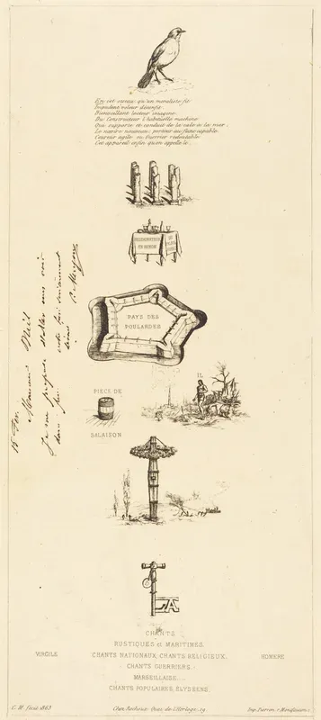 Rébus: "Béranger ne fut véritablement fort, car il n'eut jamais la clef des champs" (Rebus: "Beranger was not really strong, for he never had the key of the fields")