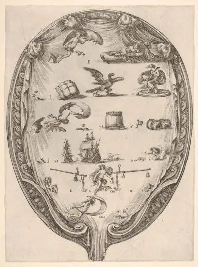 Rébus on the subject of fortune, a riddle depicted on drapery surrounded by a frame