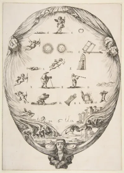 Rébus on the subject of love, a riddle depicted on drapery, below a landscape with a pyramid and two obelisks, a bust of a sphinx at bottom, an oval composition