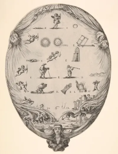 Rébus on the subject of love, a riddle depicted on drapery, below a landscape with a pyramid and two obelisks, a bust of a sphinx at bottom