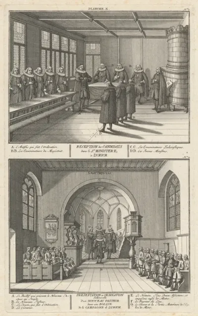 Reception des Candidats dans le St. Ministere, à Zurich; Presentation et Ordination Solemnelle d’un Nouveau Pasteur dans une Eglise de la Campagne de Zurich (Reception of the Candidates and Presentation and Ordination of a New Pastor)