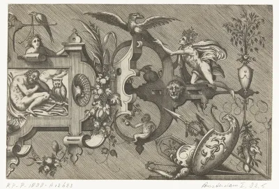 Rechterhelft van een grote cartouche met een voorstelling van de Nacht