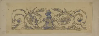 Rechthoekig veld met symmetrische bladranken met vaandels, wapens en een lauwerkrans, met in het midden een helm boven een maliënkolder