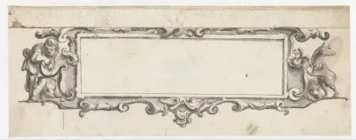 Rechthoekige cartouche met man en dieren