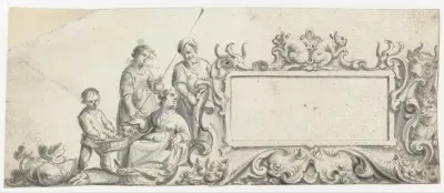 Rechthoekige cartouche met vier personen en dieren
