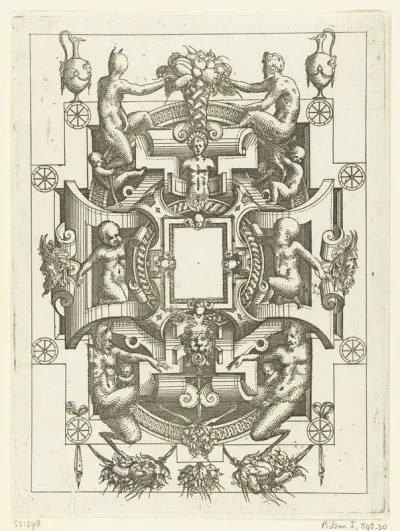Rechthoekige cartouche, omgeven door een ronde lijst