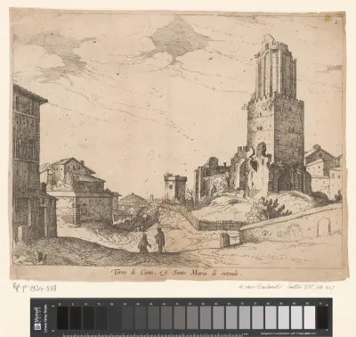 Rechts de Torre delle Milizie, een toren in Rome. Op de achtergrond is de koepel van het Pantheon zichtbaar. Op de voorgrond twee figuren, die met elkaar in gesprek zijn.