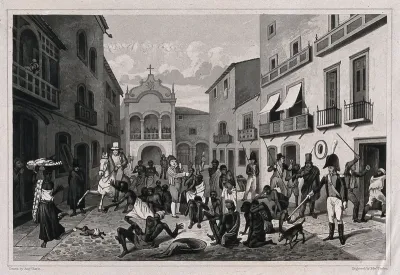 Recife, Brazil: a street with men in high hats and uniform pointing out with long sticks the slaves they wish to purchase