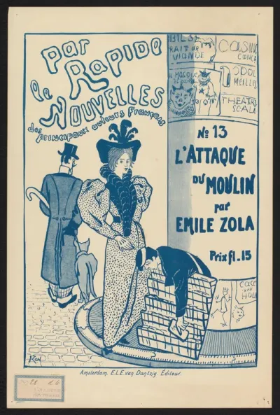 Reclamebiljet voor een uitgave van 'l'Attaque du moulin' door Émile Zola