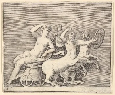 Reclining Female Figure on a Chariot drawn by Two Centaurs, from "Ex Antiquis Cameorum et Gemmae Delineata/ Liber Secundus/et ab Enea Vico Parmen Incis"