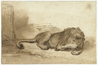 Reclining Lion with its Forepaw over its Muzzle
